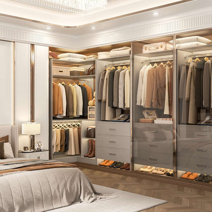 57-In Corner Closet System Set with Wood Drawers, Freestanding Closet Organizer with Hanging Rods