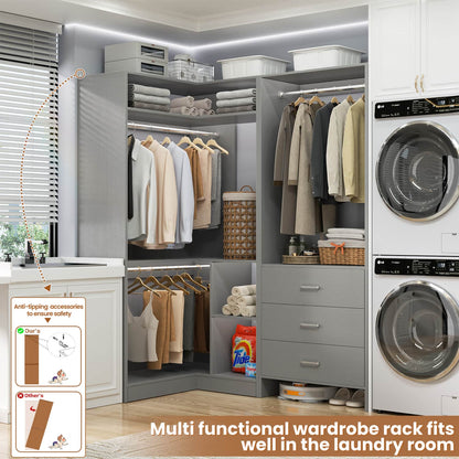 57-In Corner Closet System Set with Wood Drawers, Freestanding Closet Organizer with Hanging Rods
