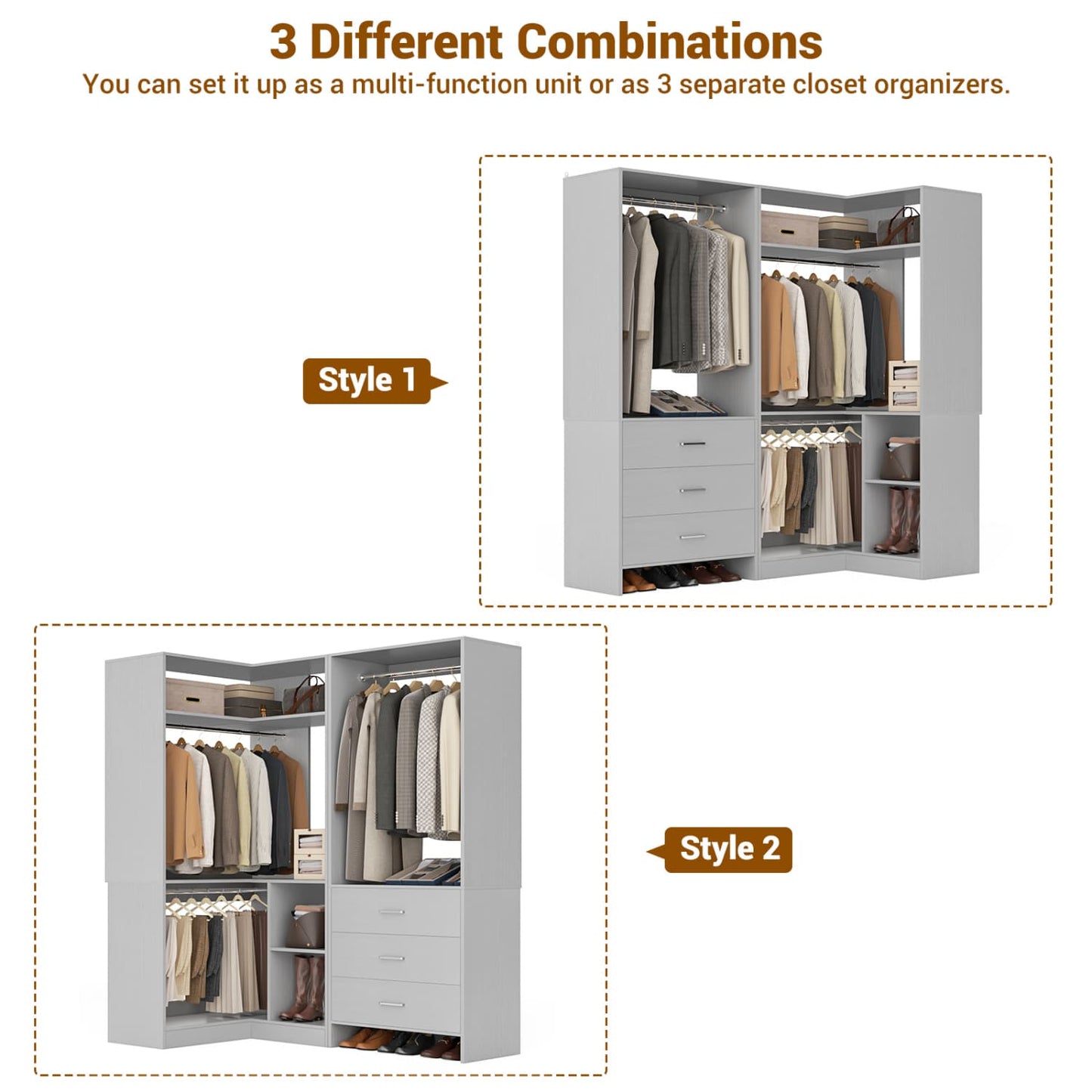 57-In Corner Closet System Set with Wood Drawers, Freestanding Closet Organizer with Hanging Rods