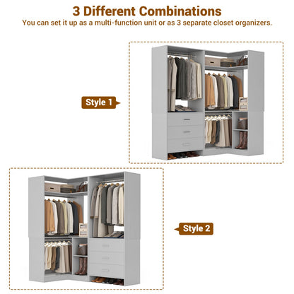 57-In Corner Closet System Set with Wood Drawers, Freestanding Closet Organizer with Hanging Rods