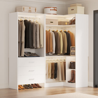 57-In Corner Closet System Set with Wood Drawers, Freestanding Closet Organizer with Hanging Rods