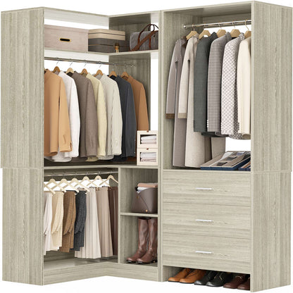 57-In Corner Closet System Set with Wood Drawers, Freestanding Closet Organizer with Hanging Rods