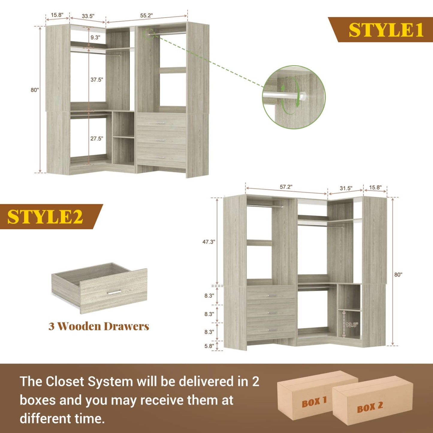 57-In Corner Closet System Set with Wood Drawers, Freestanding Closet Organizer with Hanging Rods