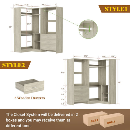 57-In Corner Closet System Set with Wood Drawers, Freestanding Closet Organizer with Hanging Rods