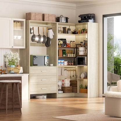 57-In Corner Closet System Set with Wood Drawers, Freestanding Closet Organizer with Hanging Rods