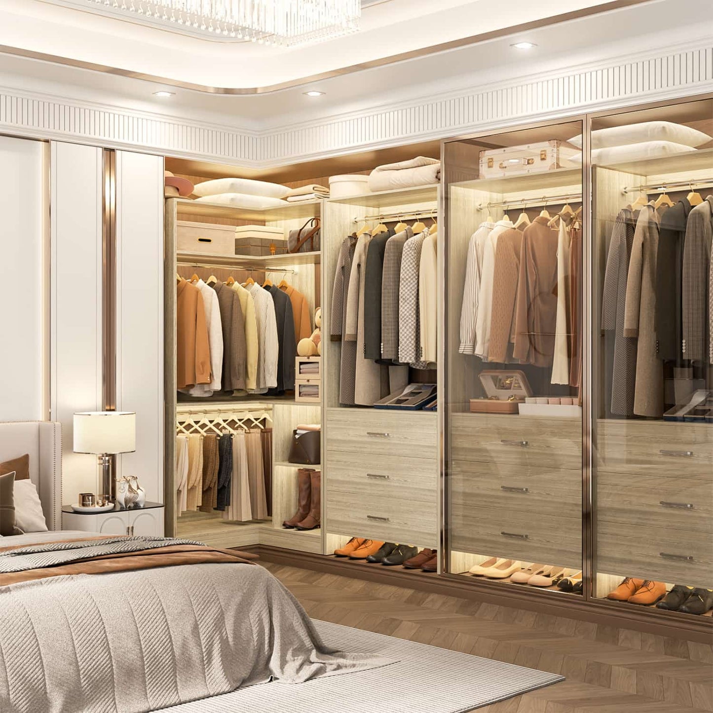 57-In Corner Closet System Set with Wood Drawers, Freestanding Closet Organizer with Hanging Rods