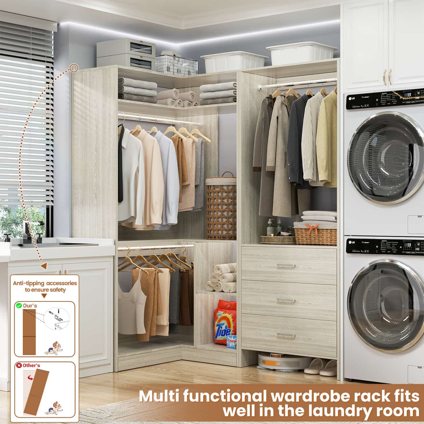 57-In Corner Closet System Set with Wood Drawers, Freestanding Closet Organizer with Hanging Rods