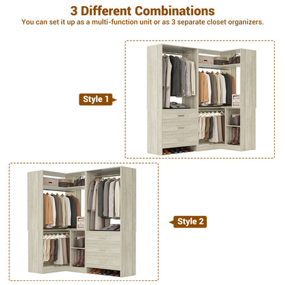 57-In Corner Closet System Set with Wood Drawers, Freestanding Closet Organizer with Hanging Rods