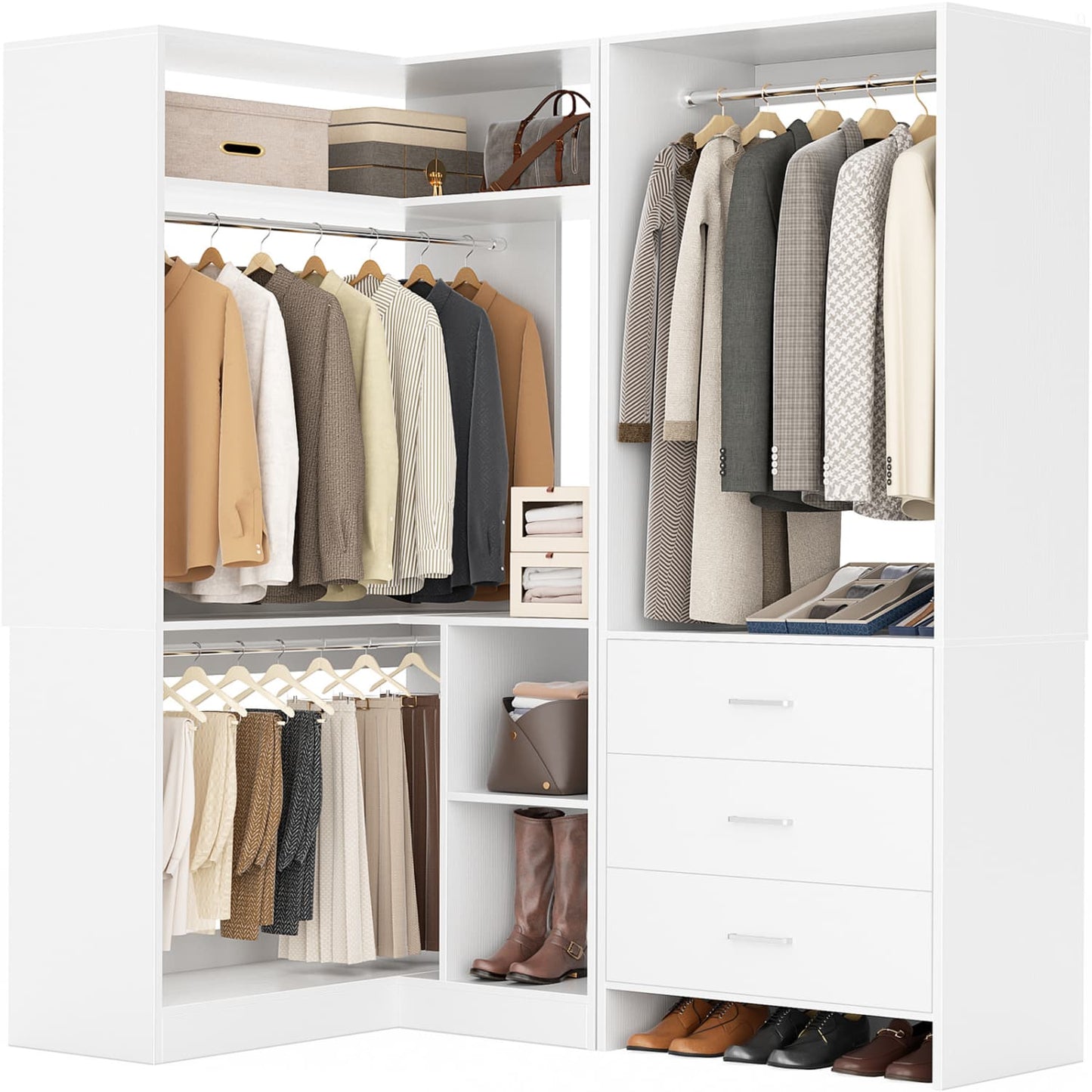 57-In Corner Closet System Set with Wood Drawers, Freestanding Closet Organizer with Hanging Rods
