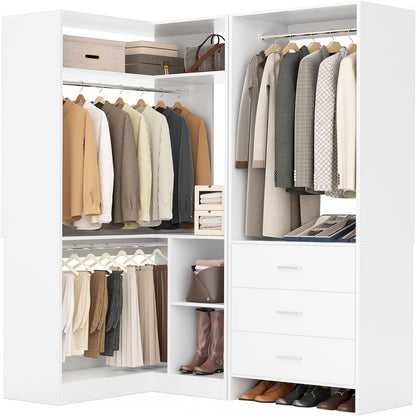 57-In Corner Closet System Set with Wood Drawers, Freestanding Closet Organizer with Hanging Rods