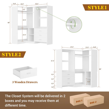 57-In Corner Closet System Set with Wood Drawers, Freestanding Closet Organizer with Hanging Rods