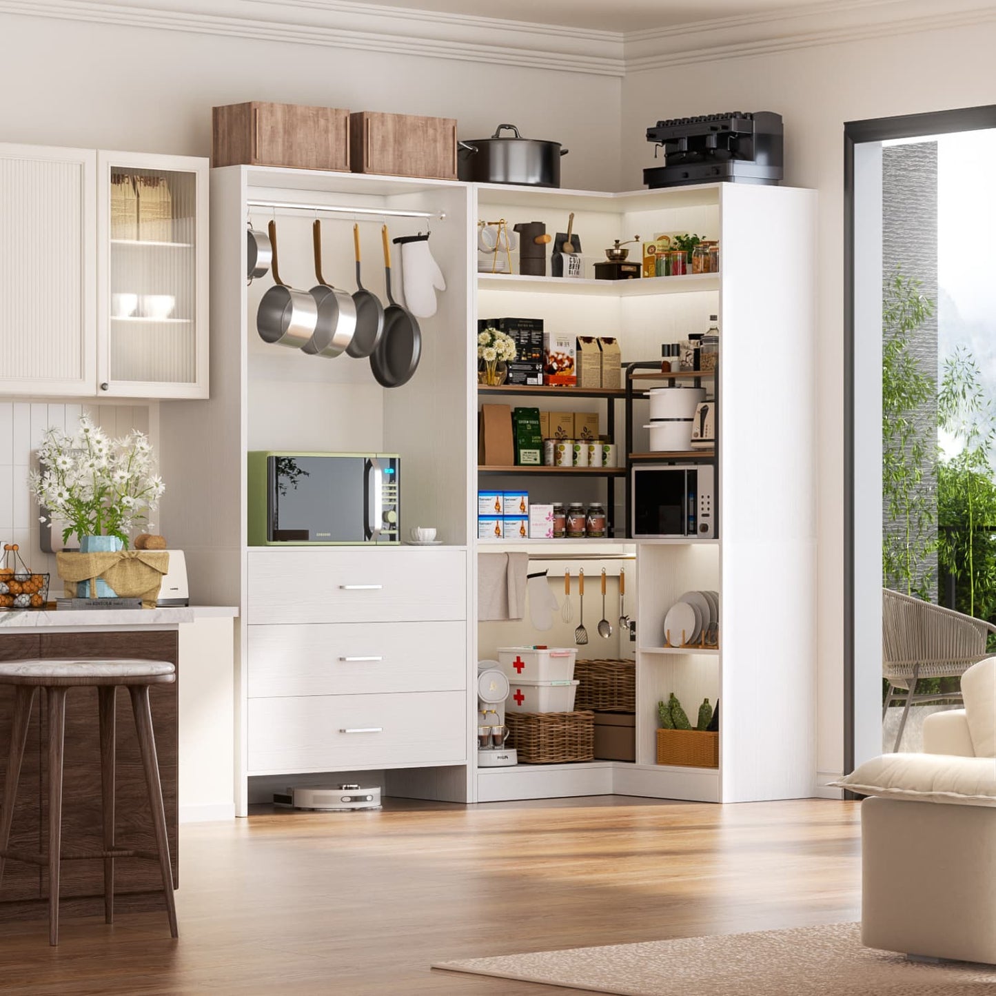 57-In Corner Closet System Set with Wood Drawers, Freestanding Closet Organizer with Hanging Rods