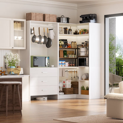 57-In Corner Closet System Set with Wood Drawers, Freestanding Closet Organizer with Hanging Rods