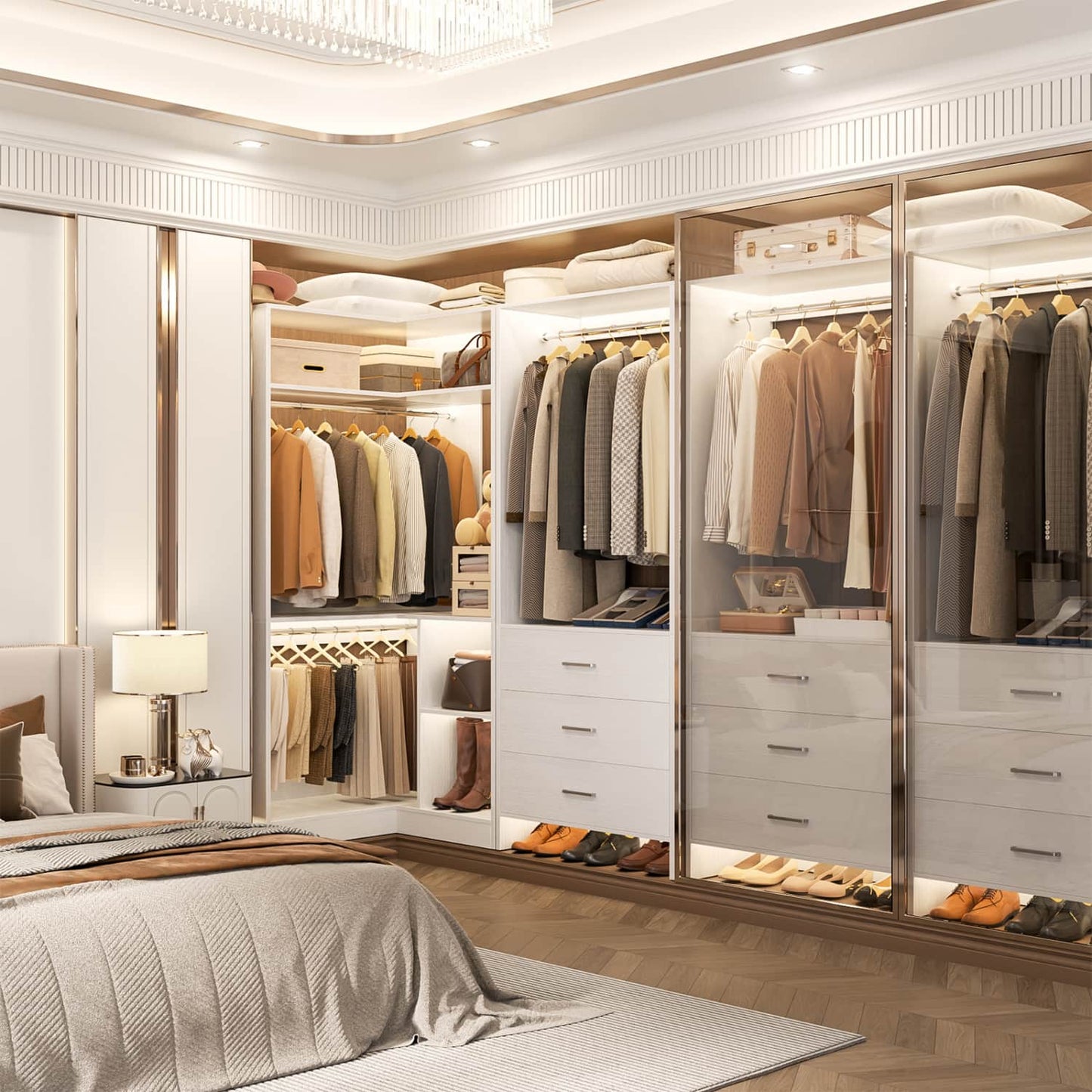 57-In Corner Closet System Set with Wood Drawers, Freestanding Closet Organizer with Hanging Rods