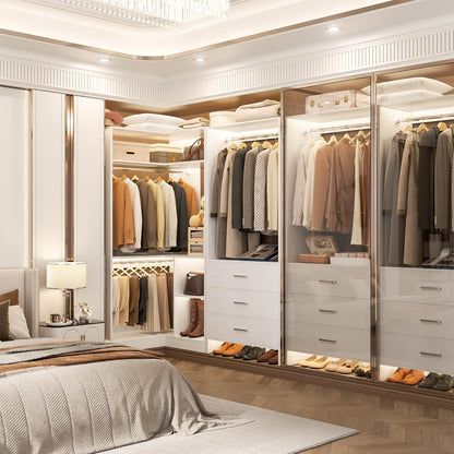57-In Corner Closet System Set with Wood Drawers, Freestanding Closet Organizer with Hanging Rods