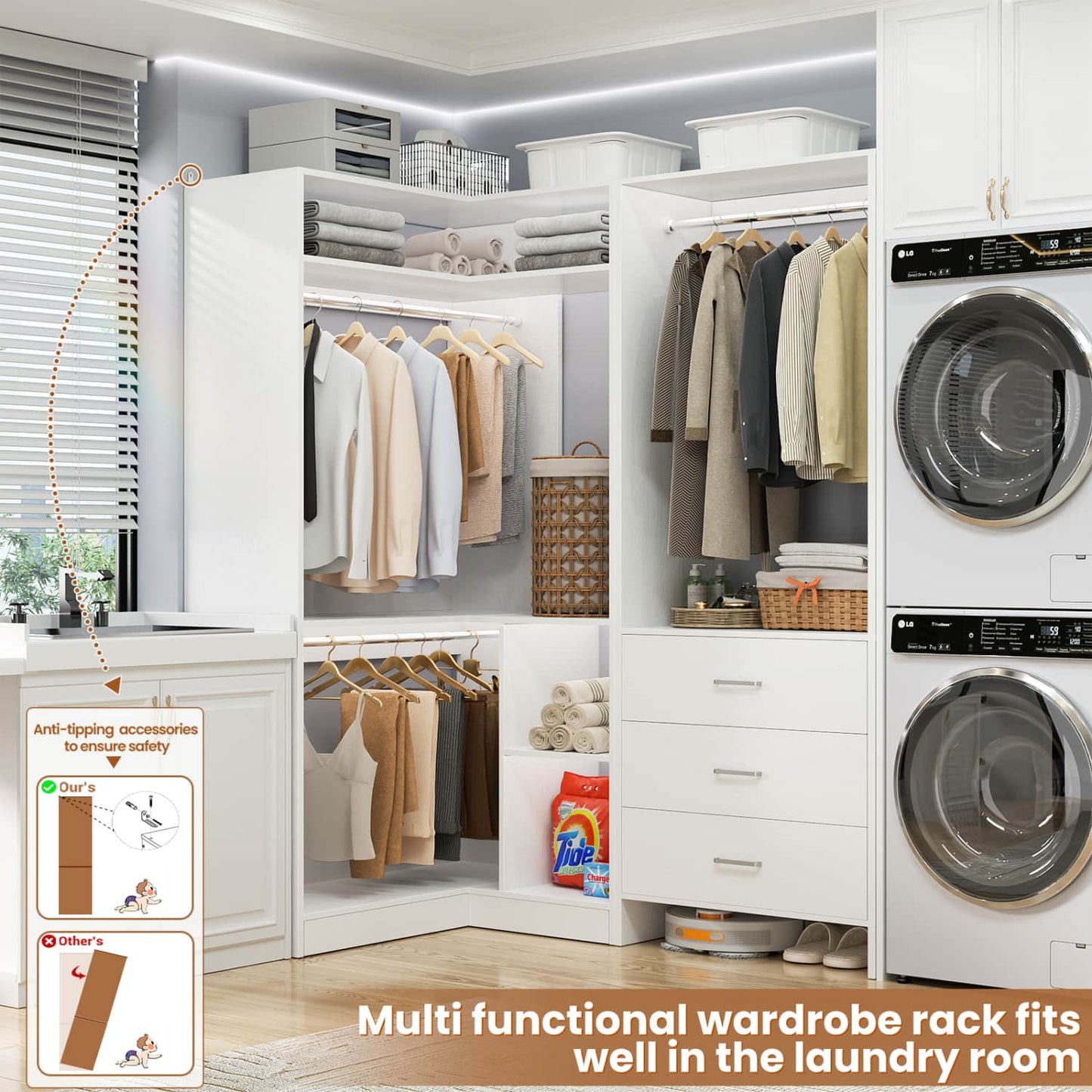 57-In Corner Closet System Set with Wood Drawers, Freestanding Closet Organizer with Hanging Rods