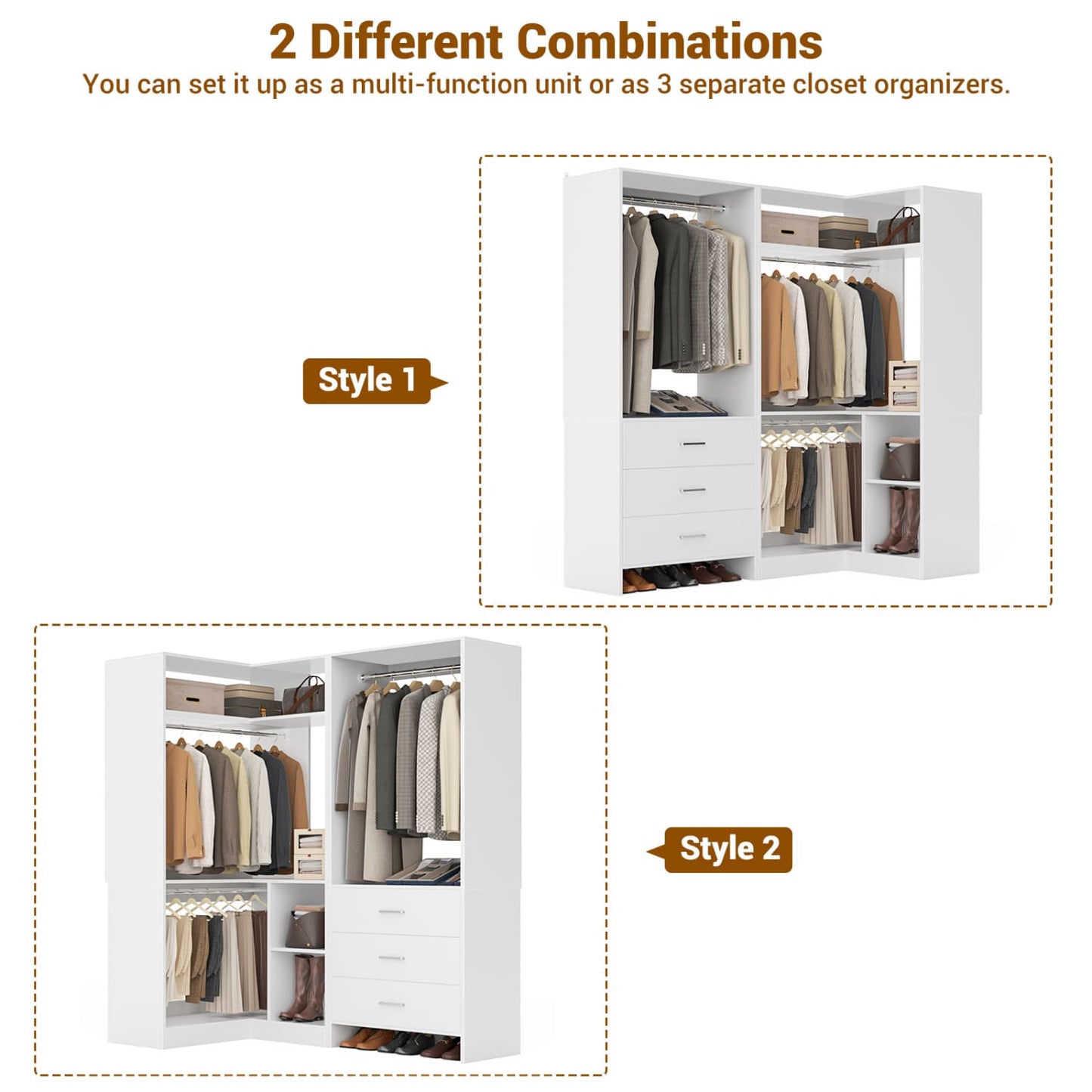 57-In Corner Closet System Set with Wood Drawers, Freestanding Closet Organizer with Hanging Rods