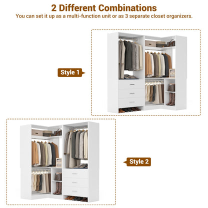 57-In Corner Closet System Set with Wood Drawers, Freestanding Closet Organizer with Hanging Rods