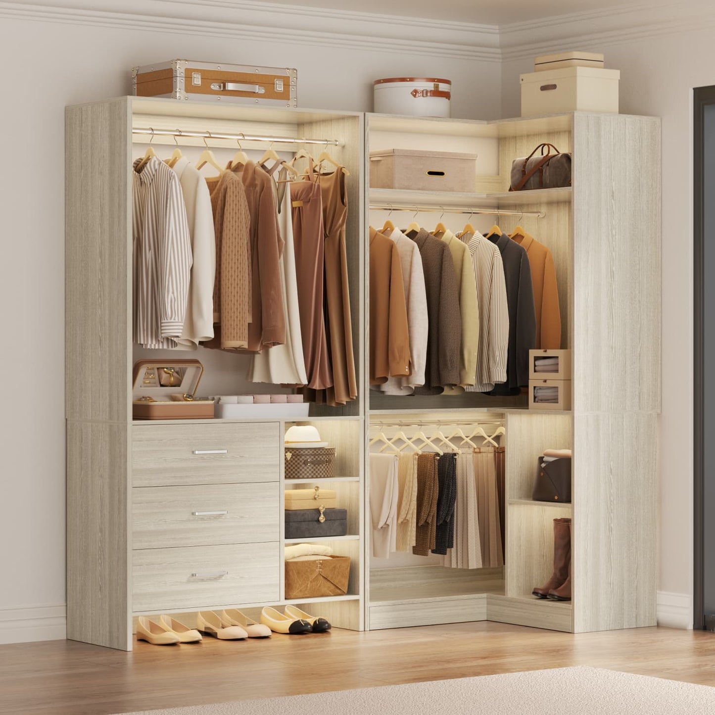 57-In Corner Closet System Set with Wood Drawers, Freestanding Closet Organizer with Hanging Rods