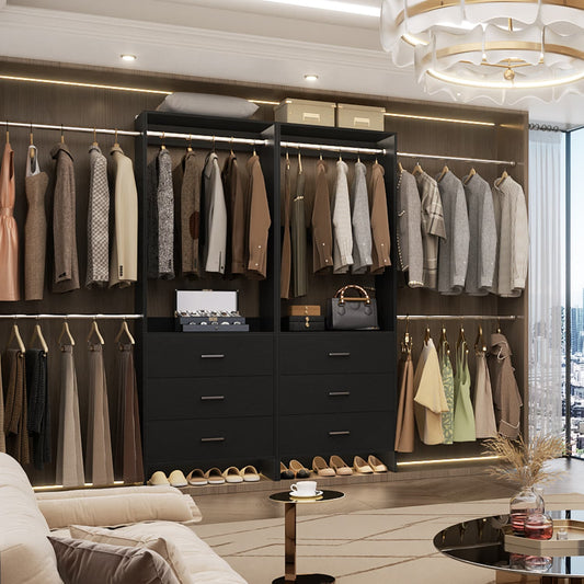 142-In Closet System  Set with Extendable Hanging Rods, Closet Organizer with Drawers