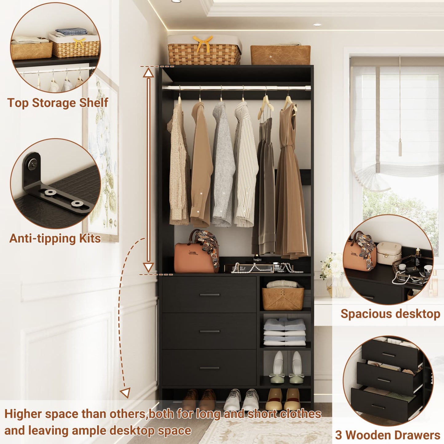 30'' Closet Organizer with Wooden Drawers and Hanging Rods