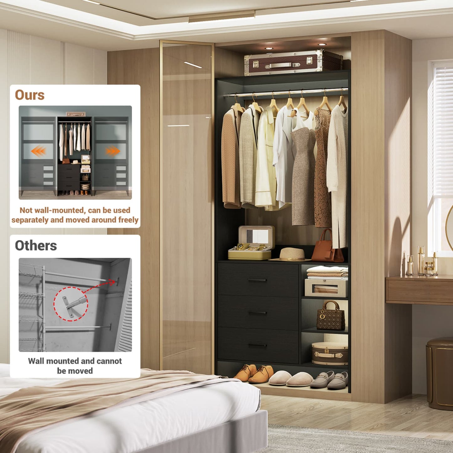 30'' Closet Organizer with Wooden Drawers and Hanging Rods