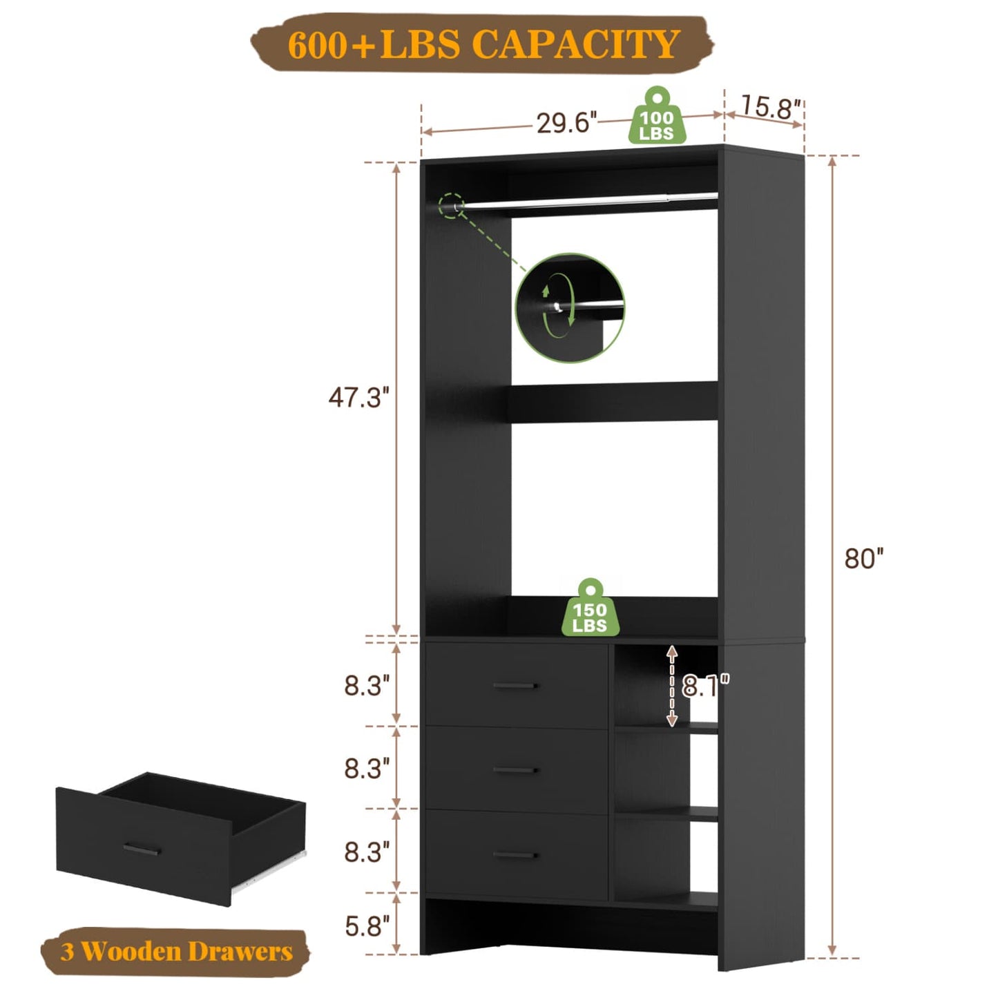 30'' Closet Organizer with Wooden Drawers and Hanging Rods