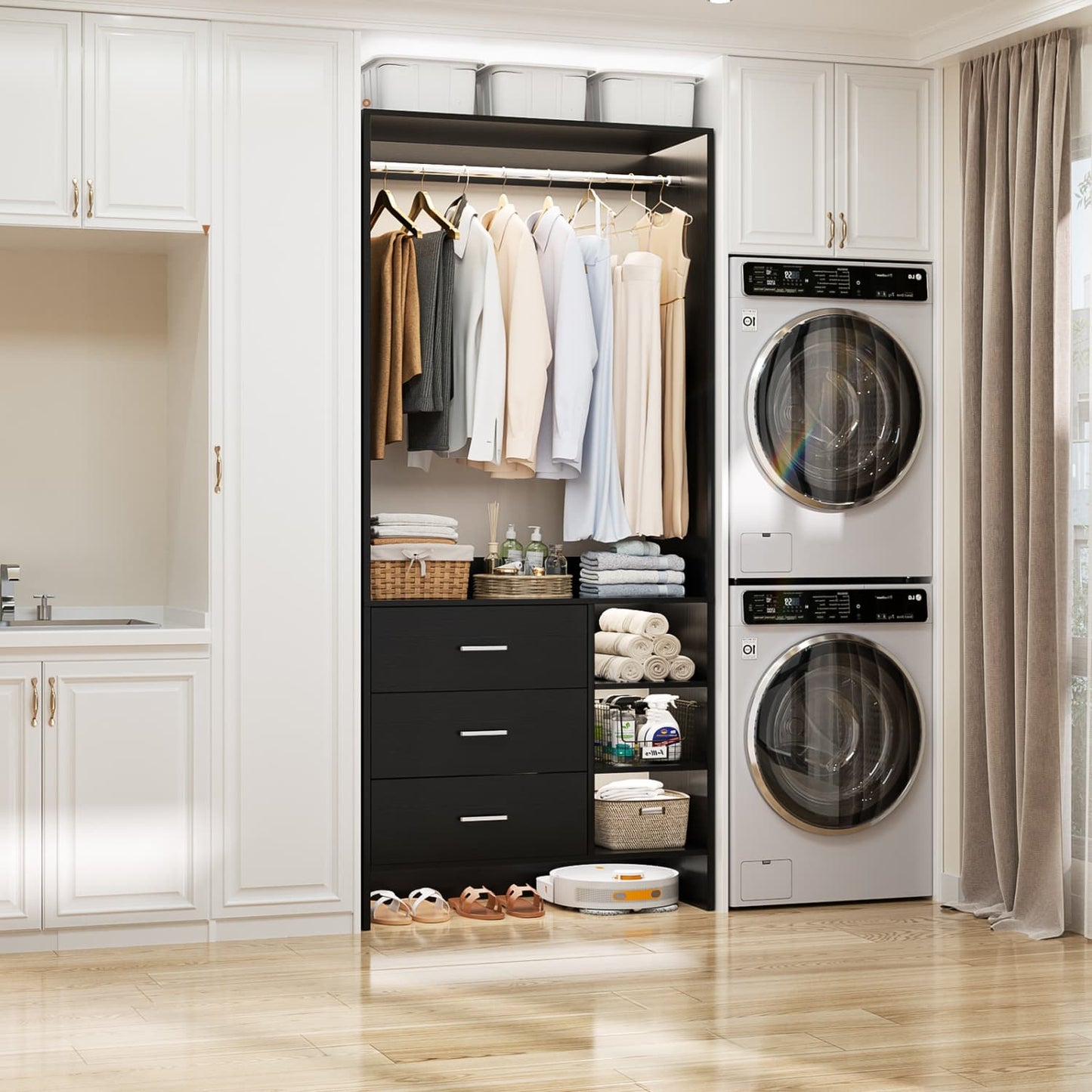 30'' Closet Organizer with Wooden Drawers and Hanging Rods