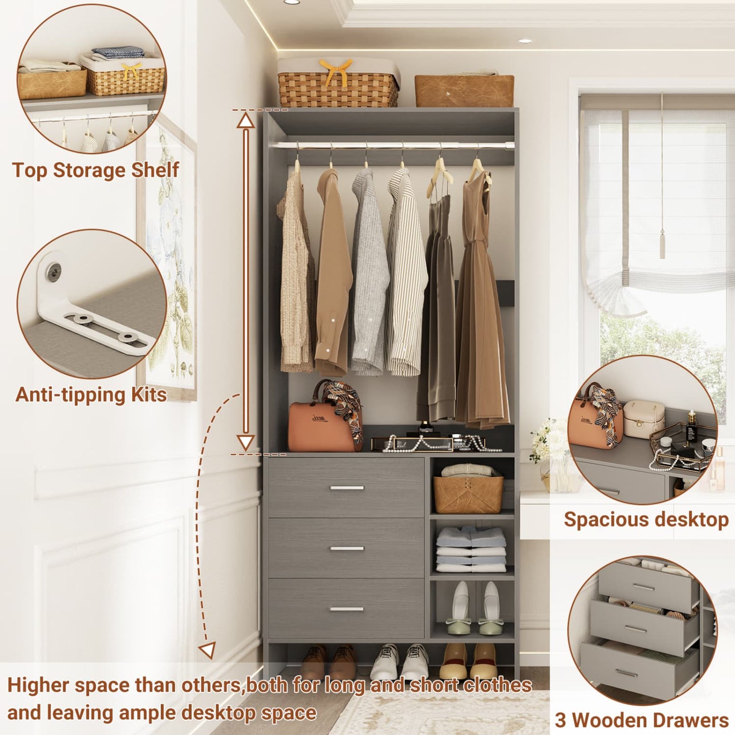 30'' Closet Organizer with Wooden Drawers and Hanging Rods