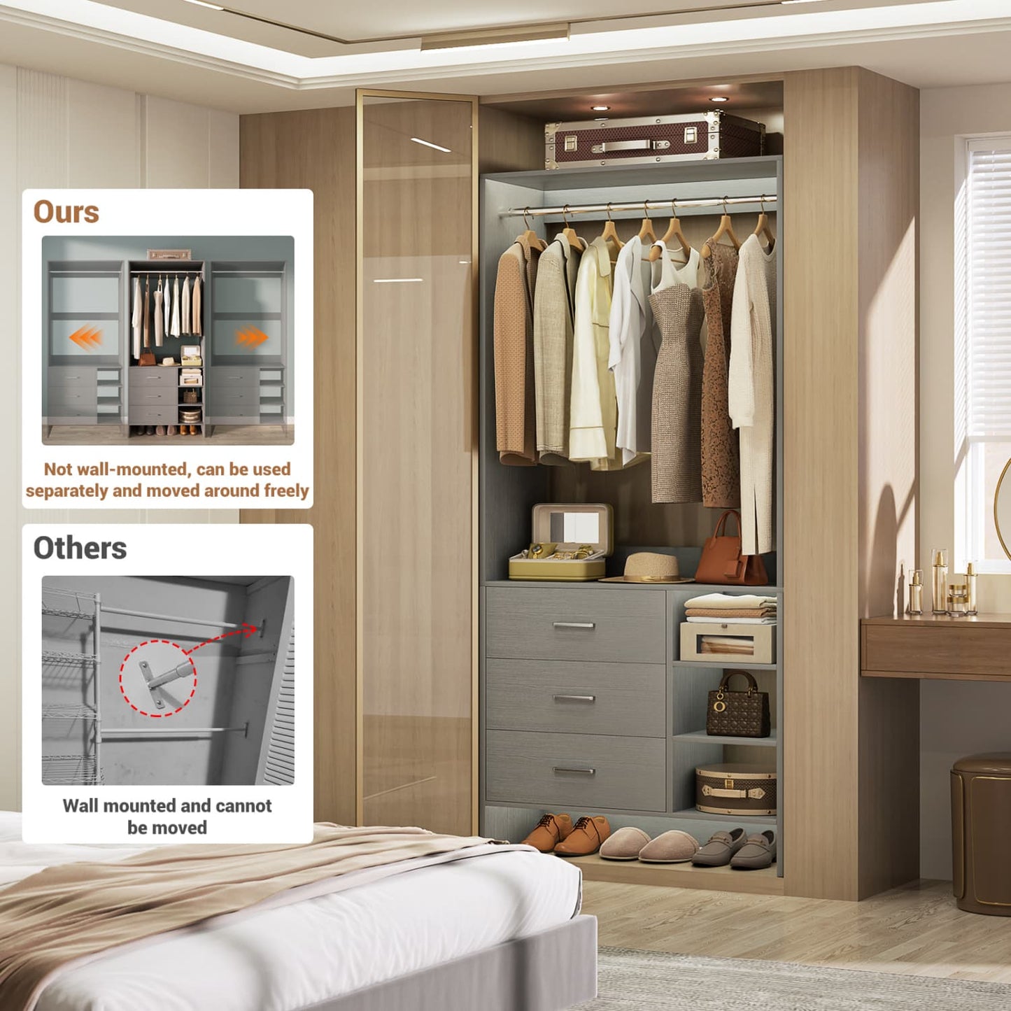 30'' Closet Organizer with Wooden Drawers and Hanging Rods