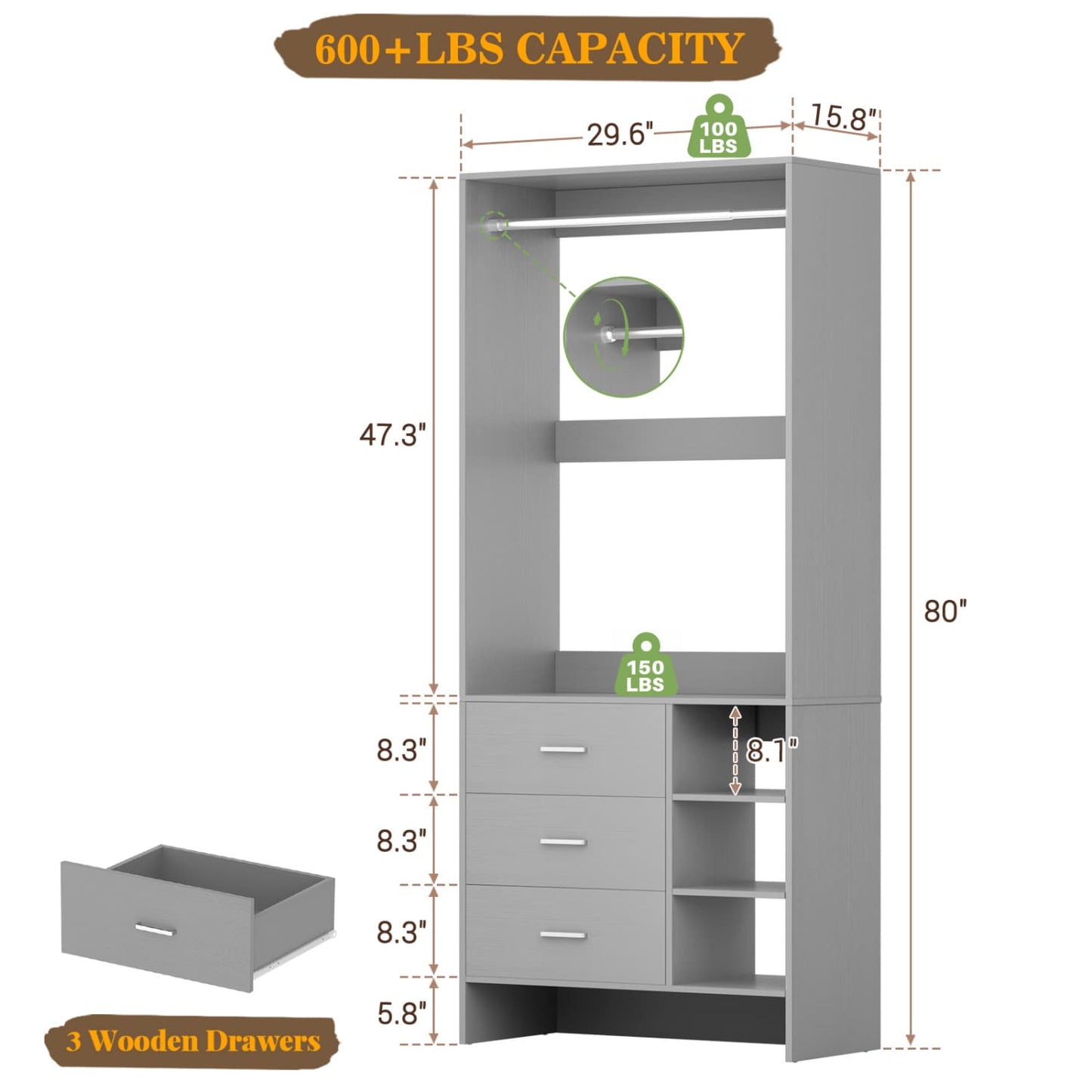 30'' Closet Organizer with Wooden Drawers and Hanging Rods