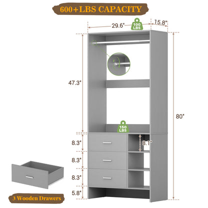 30'' Closet Organizer with Wooden Drawers and Hanging Rods