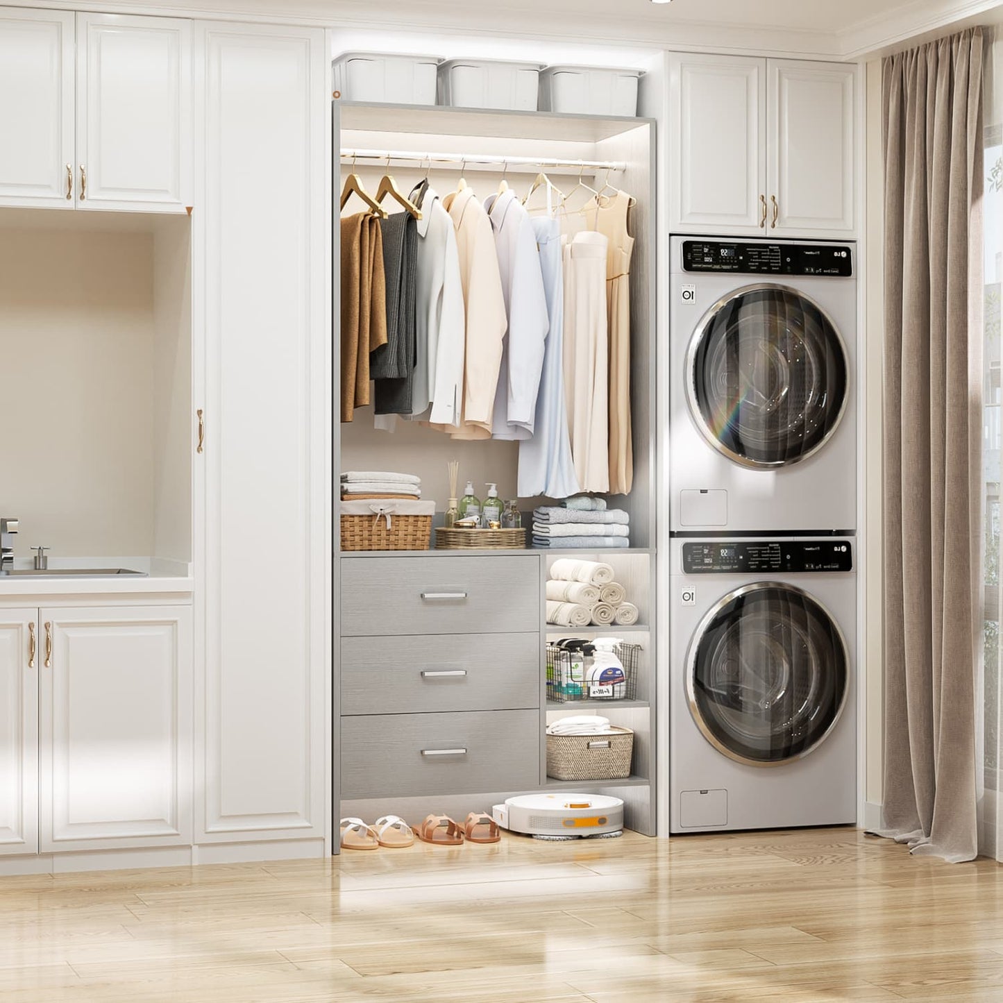 30'' Closet Organizer with Wooden Drawers and Hanging Rods