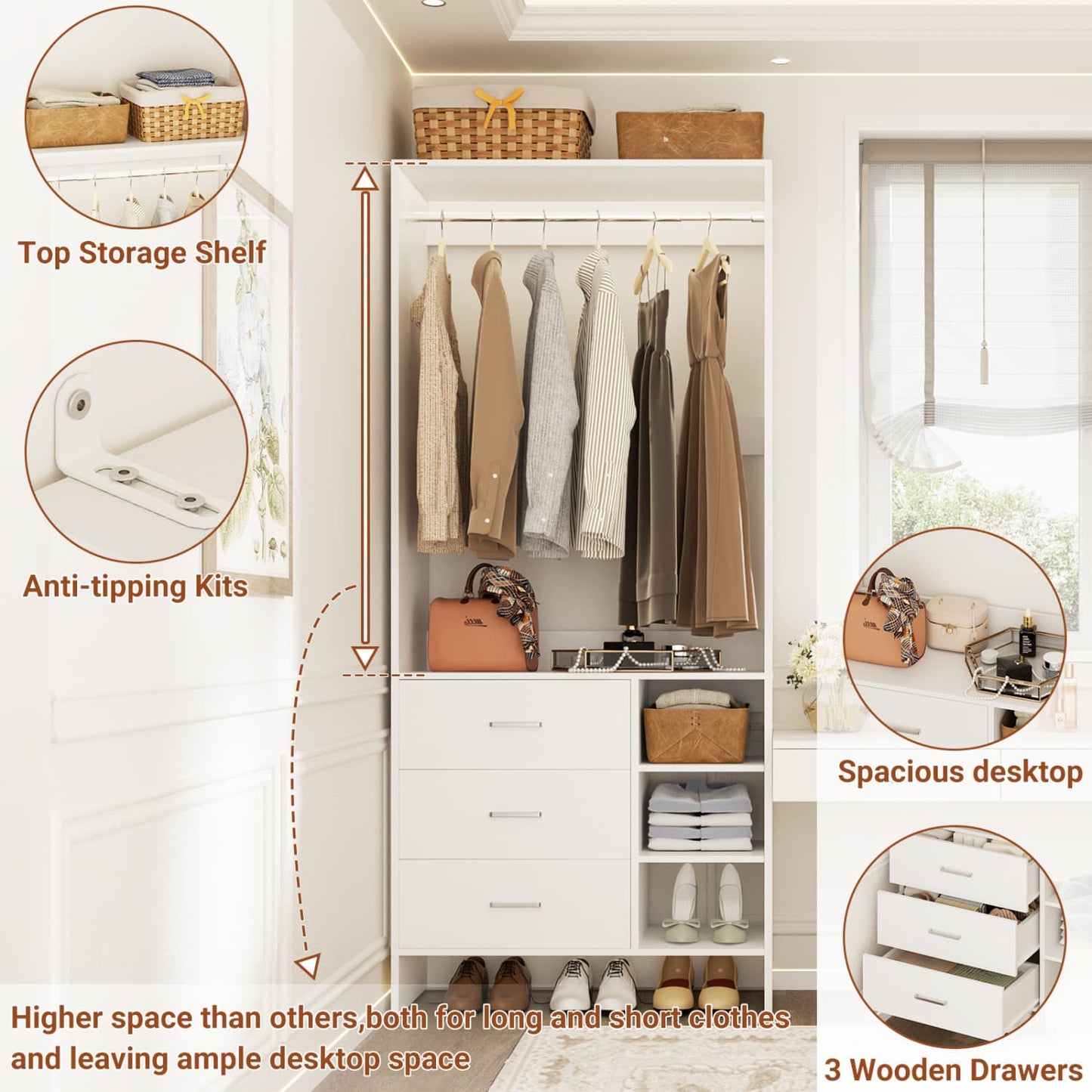 30'' Closet Organizer with Wooden Drawers and Hanging Rods