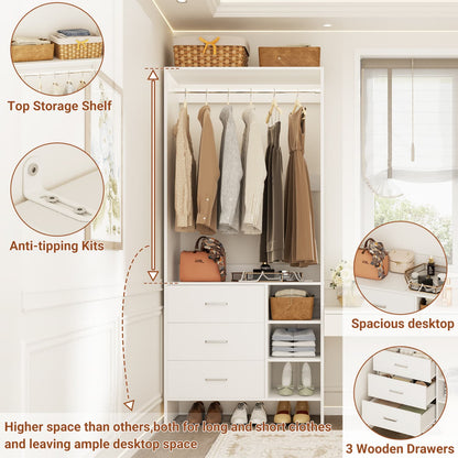 30'' Closet Organizer with Wooden Drawers and Hanging Rods
