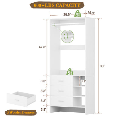 30'' Closet Organizer with Wooden Drawers and Hanging Rods