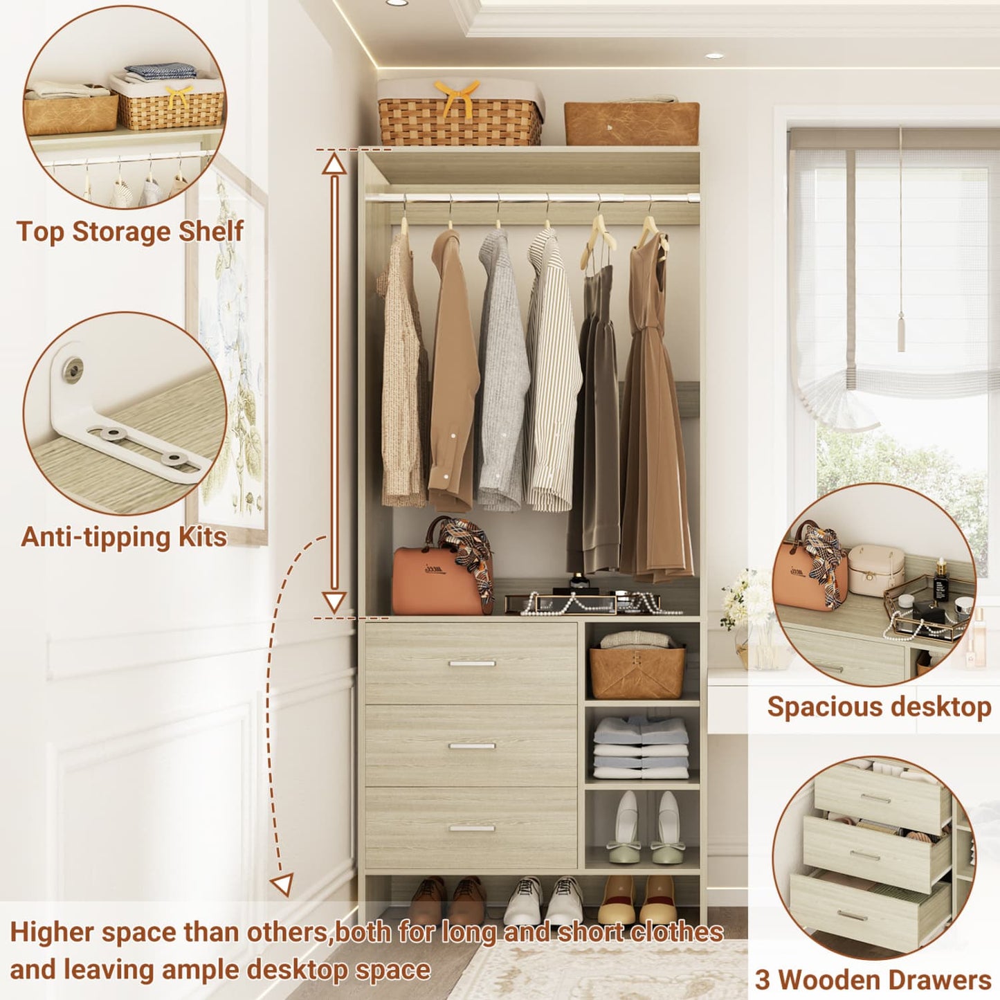30'' Closet Organizer with Wooden Drawers and Hanging Rods