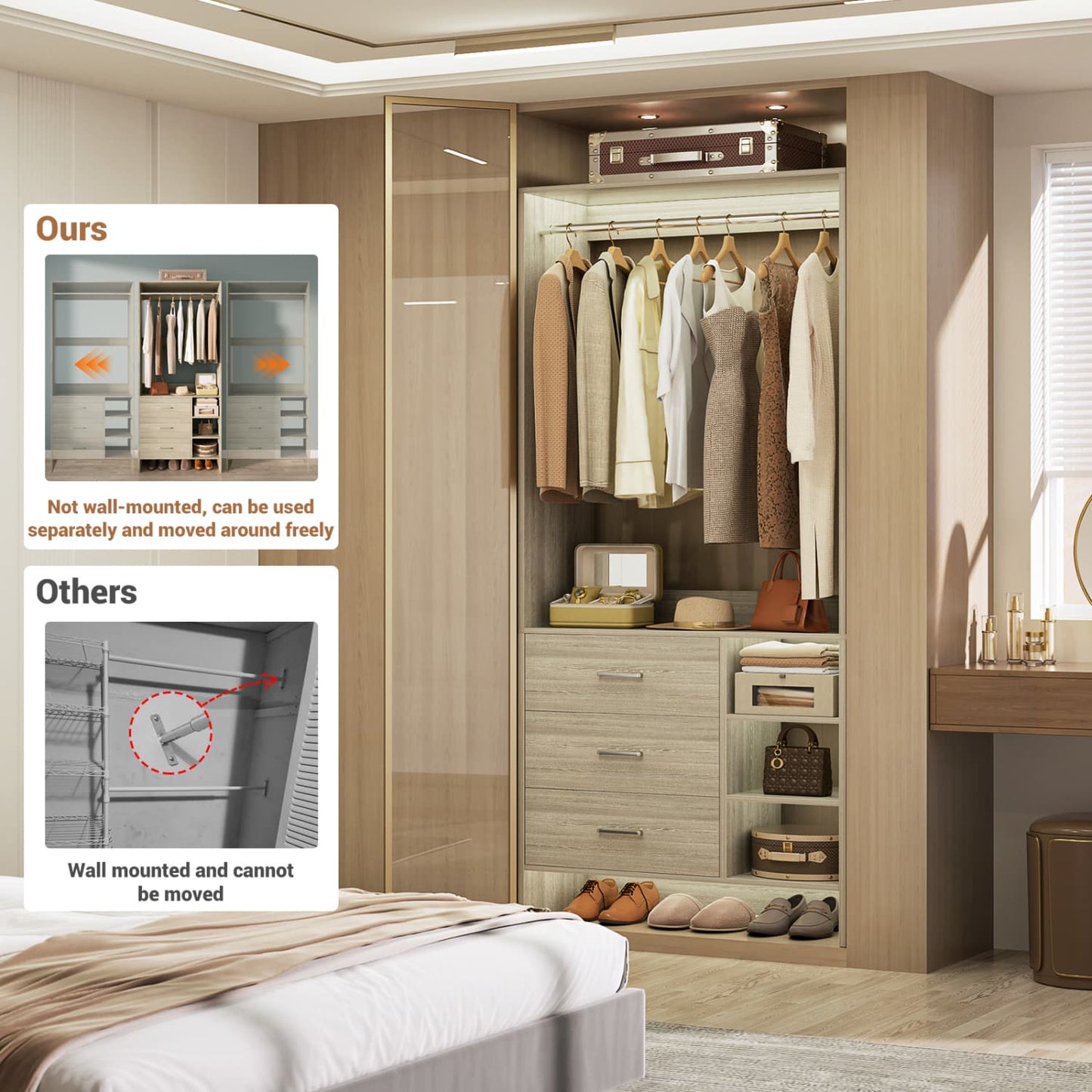 30'' Closet Organizer with Wooden Drawers and Hanging Rods