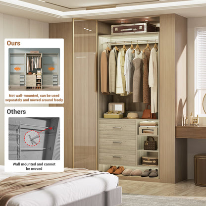 30'' Closet Organizer with Wooden Drawers and Hanging Rods