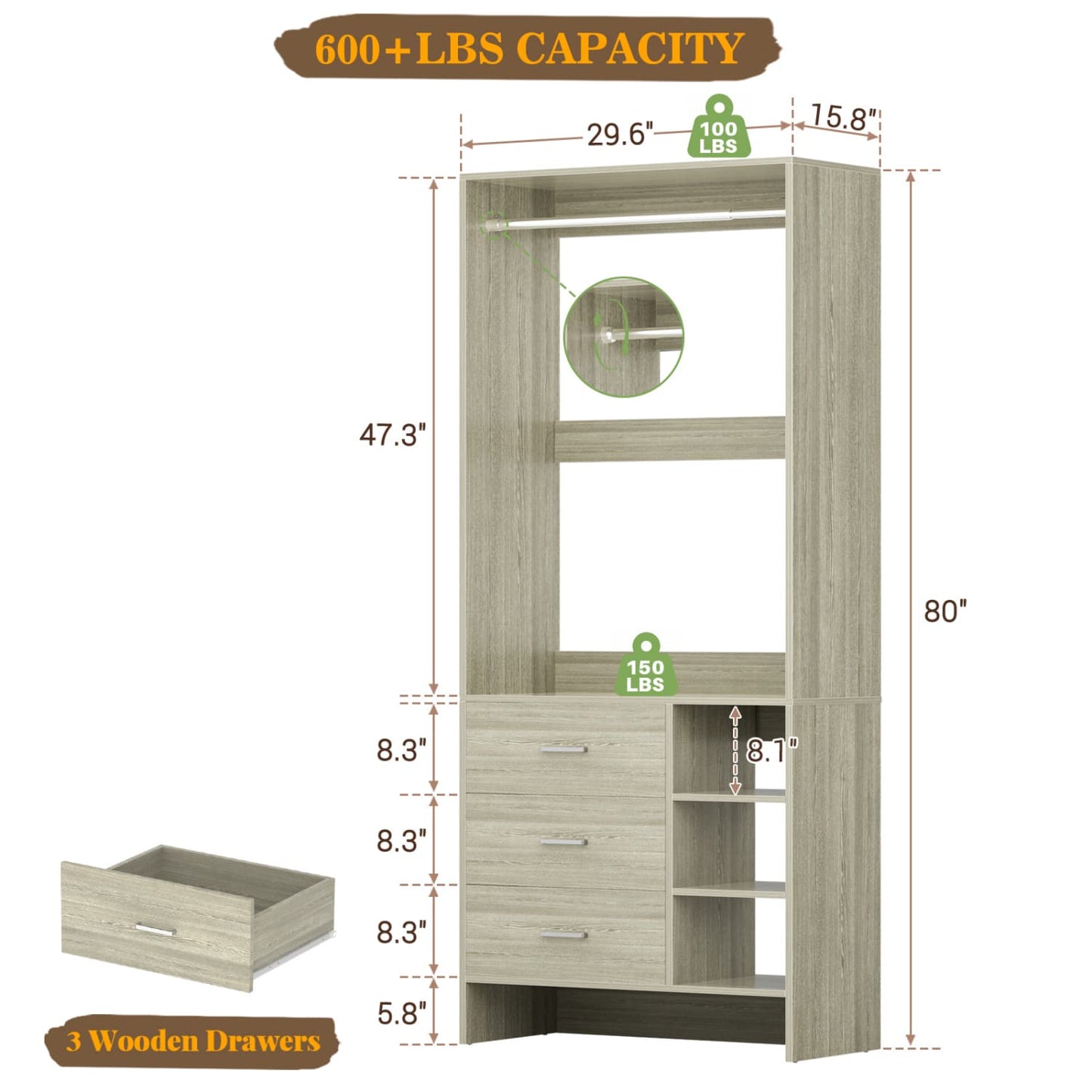 30'' Closet Organizer with Wooden Drawers and Hanging Rods