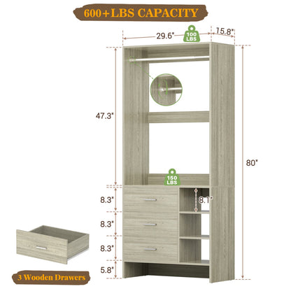 30'' Closet Organizer with Wooden Drawers and Hanging Rods