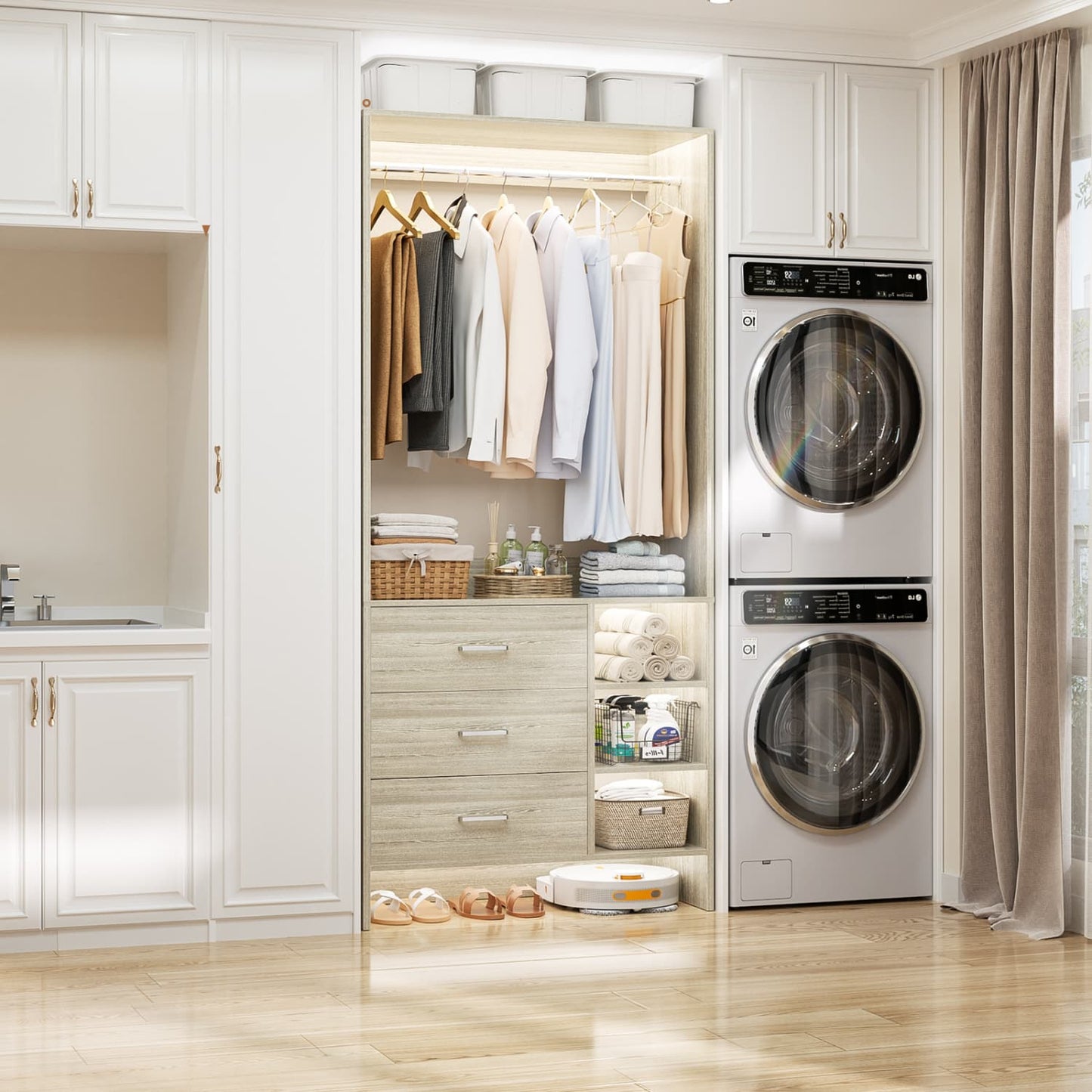 30'' Closet Organizer with Wooden Drawers and Hanging Rods
