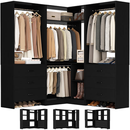81-In Closet System Set with Wood Drawers, Corner Closet Organizer with Hanging Rods