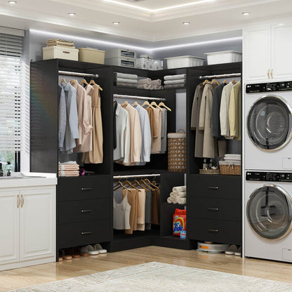 81-In Closet System Set with Wood Drawers, Corner Closet Organizer with Hanging Rods