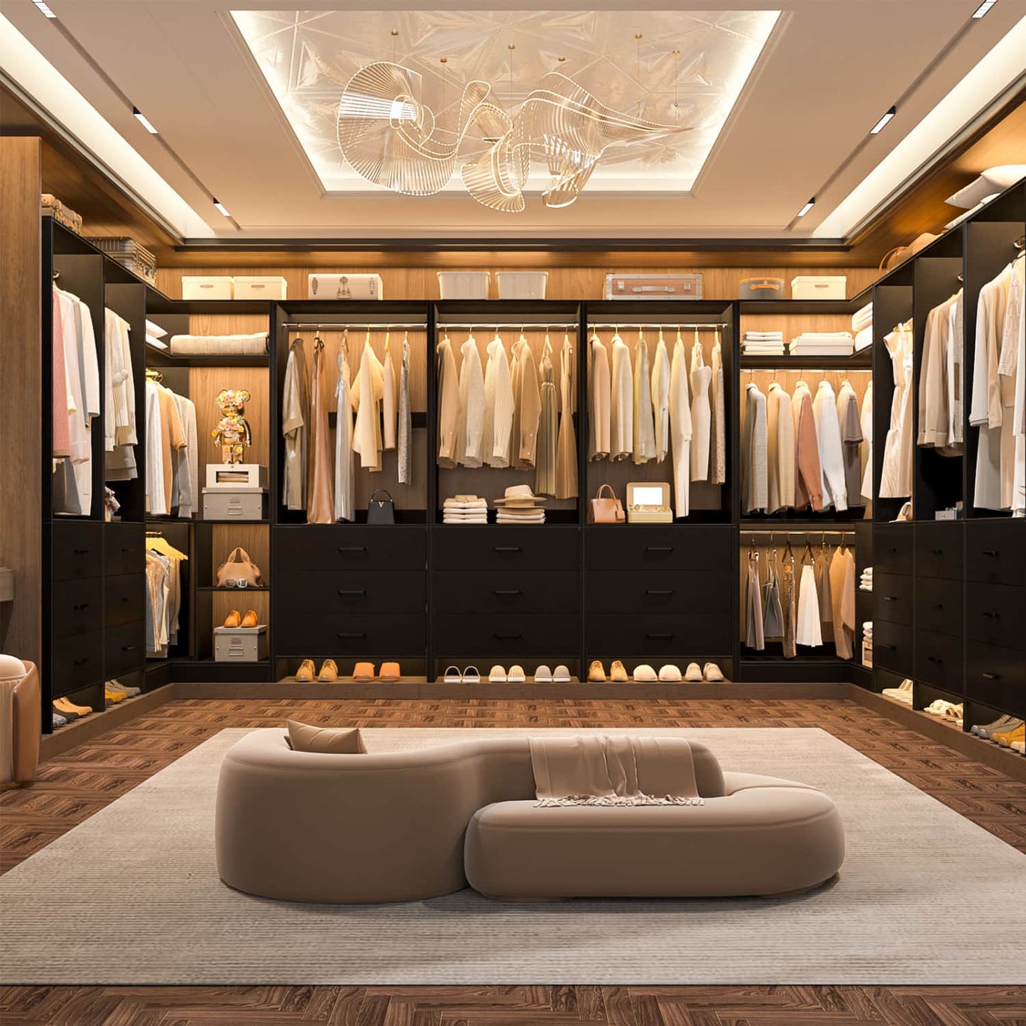 81-In Closet System Set with Wood Drawers, Corner Closet Organizer with Hanging Rods