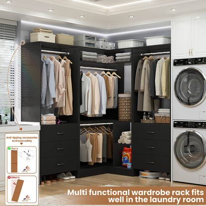 81-In Closet System Set with Wood Drawers, Corner Closet Organizer with Hanging Rods