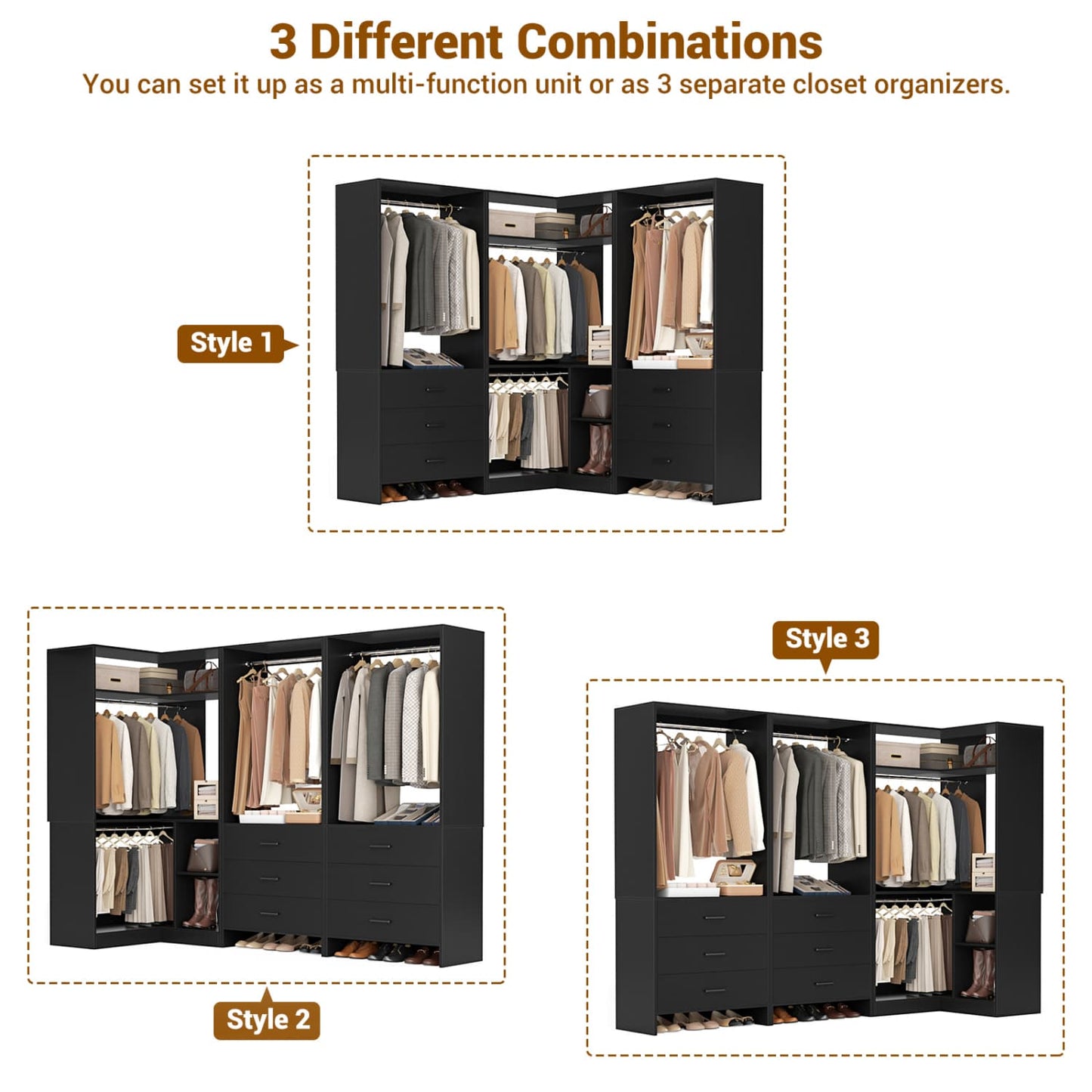 81-In Closet System Set with Wood Drawers, Corner Closet Organizer with Hanging Rods