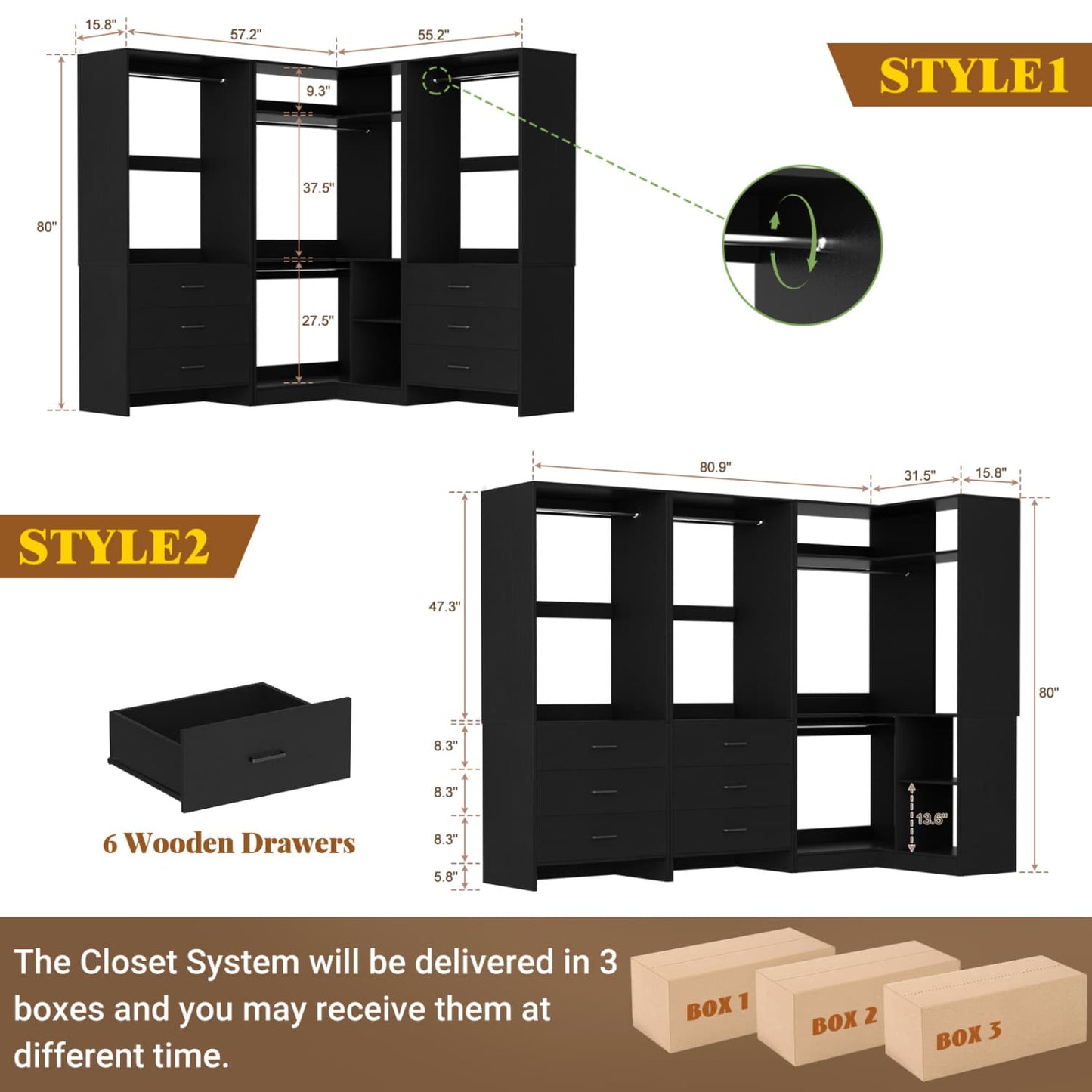 81-In Closet System Set with Wood Drawers, Corner Closet Organizer with Hanging Rods