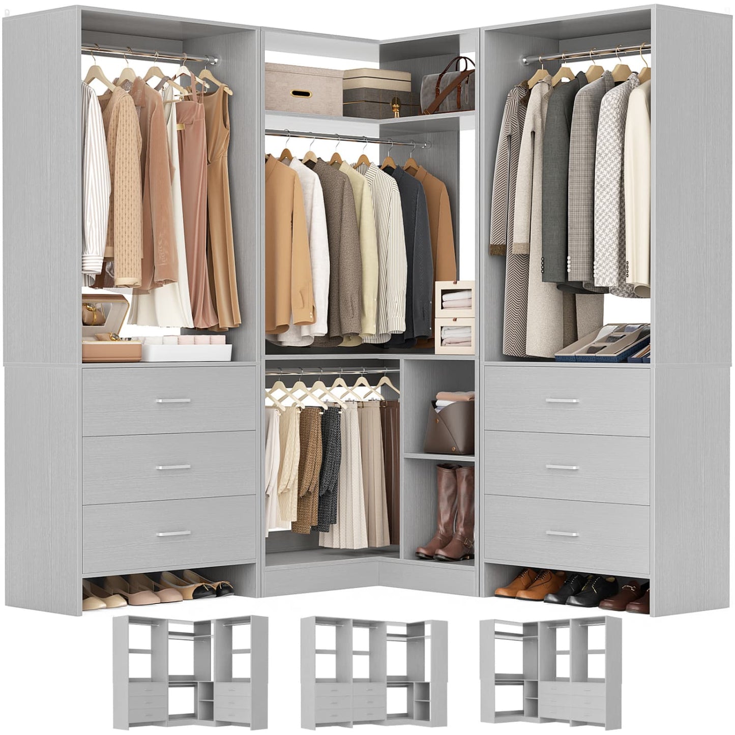 81-In Closet System Set with Wood Drawers, Corner Closet Organizer with Hanging Rods