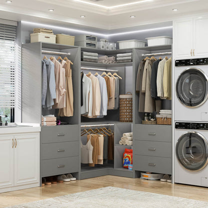 81-In Closet System Set with Wood Drawers, Corner Closet Organizer with Hanging Rods